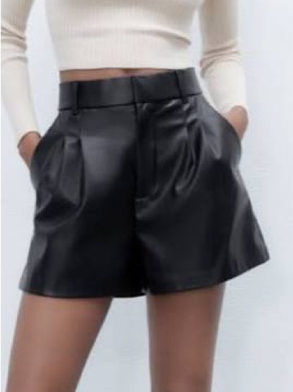 Zara Black High-Waist Faux Leather Pleated Shorts